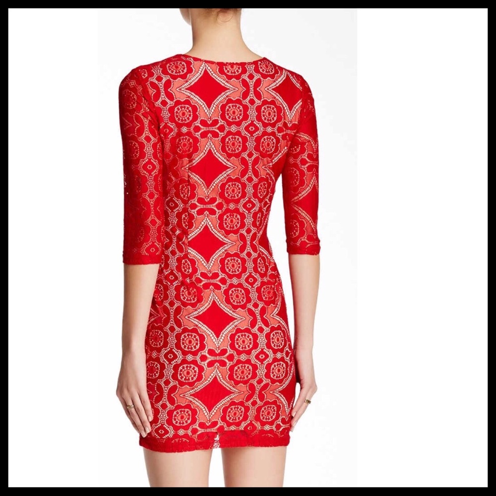RED LACE UP V-NECK 3/4 SLEEVES MINI DRESS A2C - Picture 3 of 8